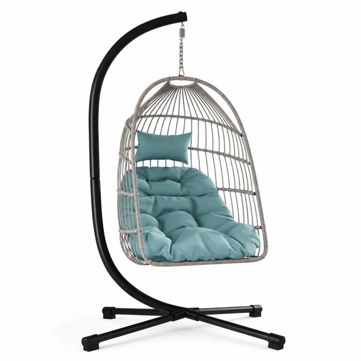 Sedia a Dondolo Sospesa in Rattan Sintetico e Acciaio con Cuscino Azzurro