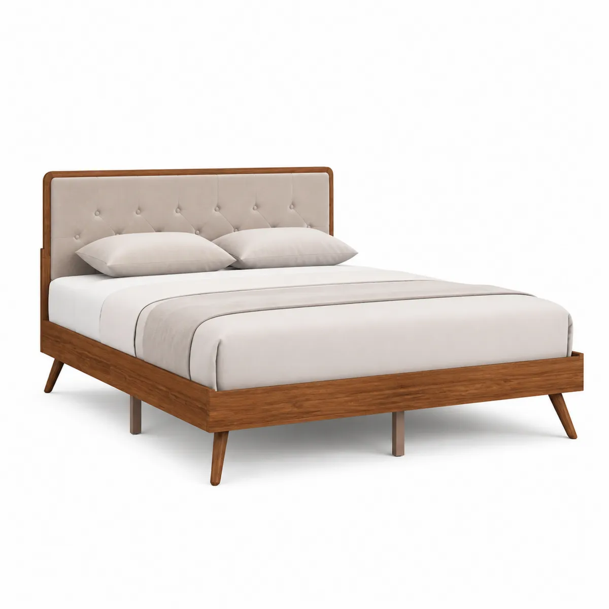 Letto Matrimoniale in Legno con Testiera in Tessuto Beige