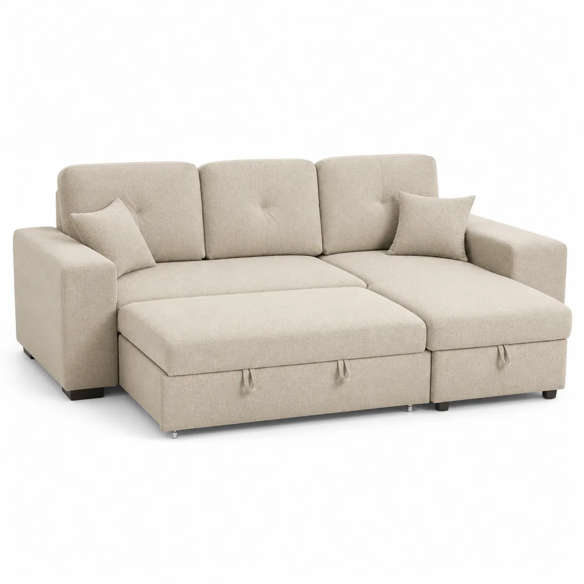 Divano letto angolare 3 posti in tessuto beige con contenitore