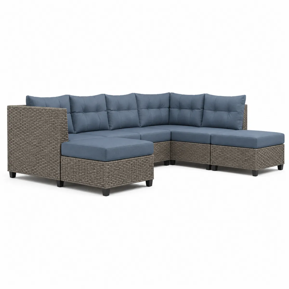 Divano angolare componibile da esterno in rattan con cuscini blu