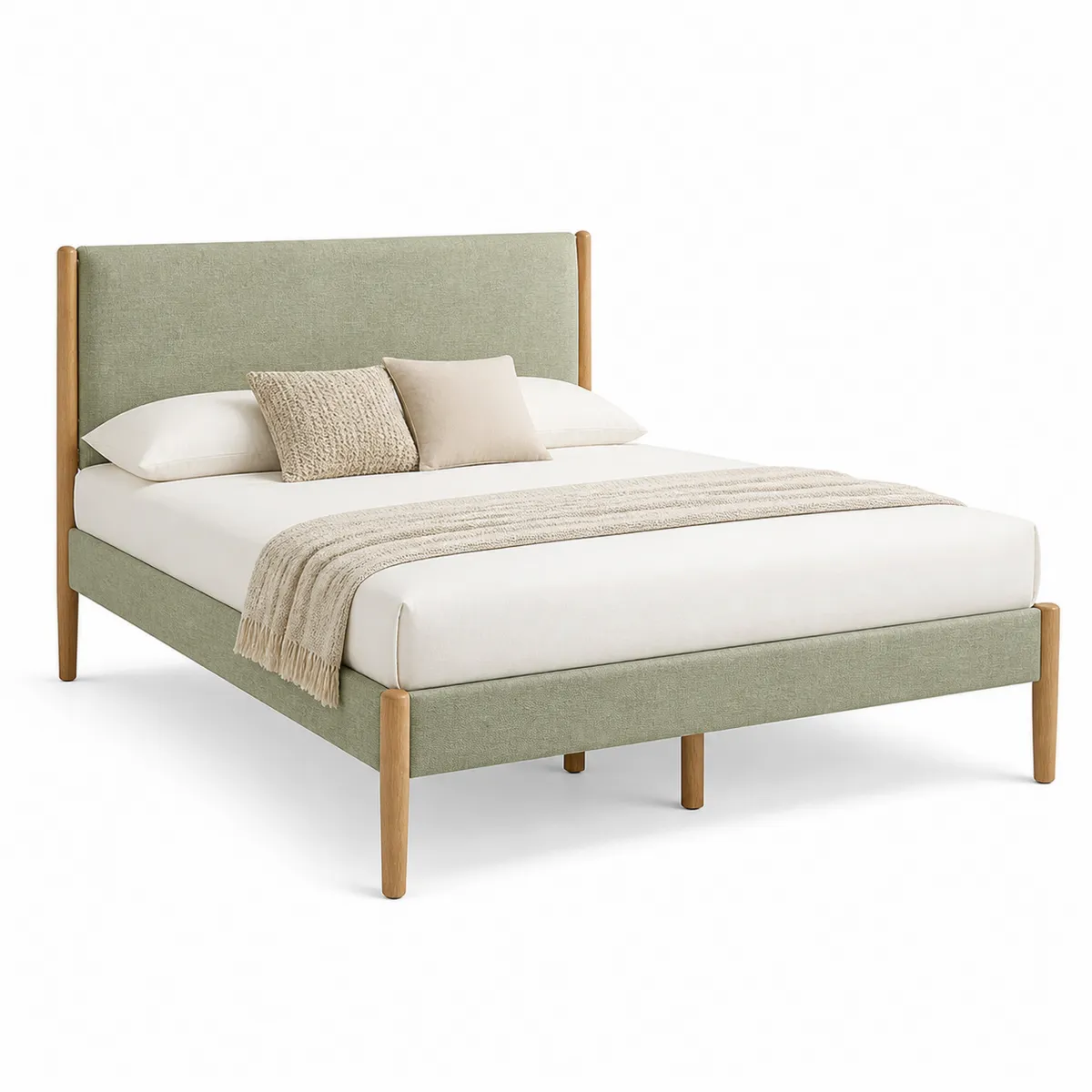 Letto matrimoniale in tessuto e legno di rovere verde
