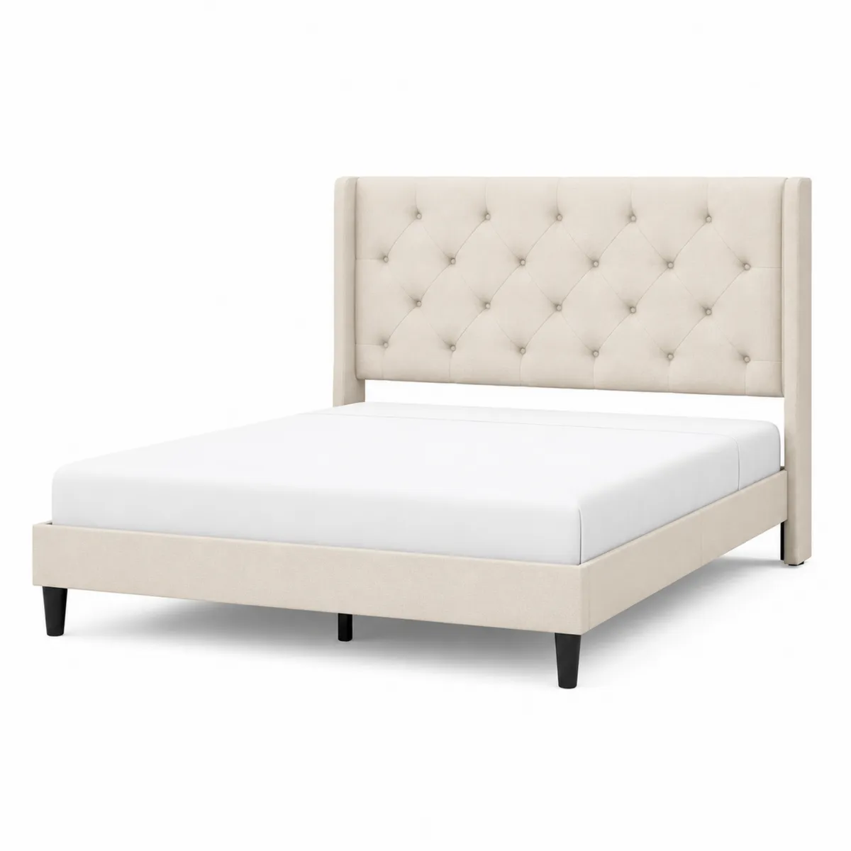 Letto matrimoniale con testiera imbottita in tessuto beige 200x160 cm