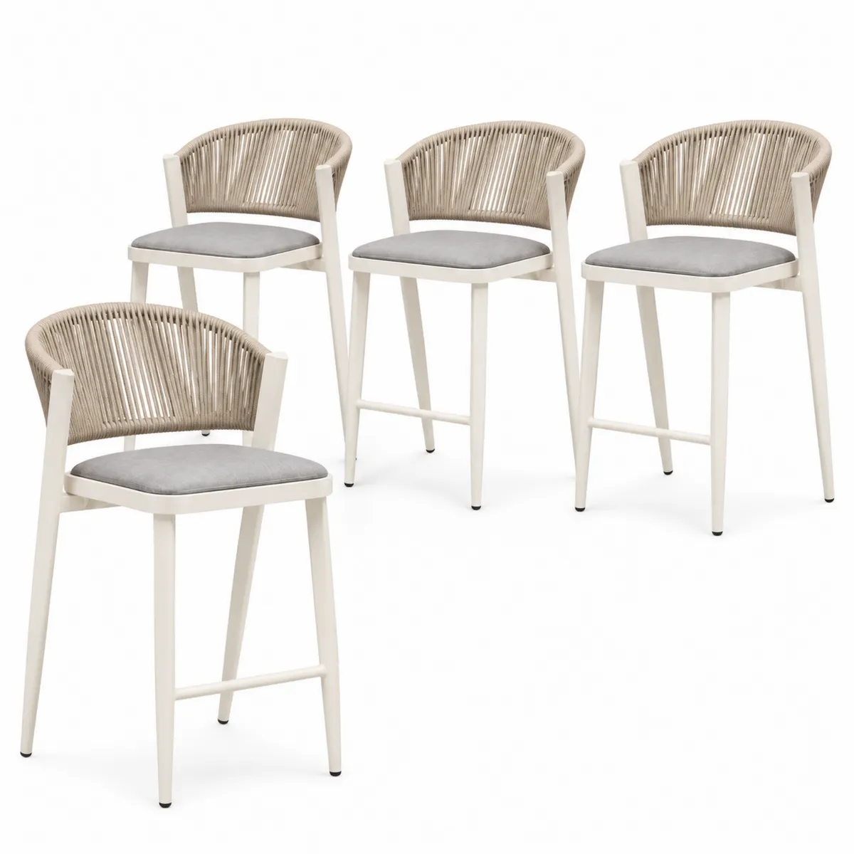 Set di 4 sgabelli da bar in metallo e resina con sedile in tessuto grigio e struttura bianca