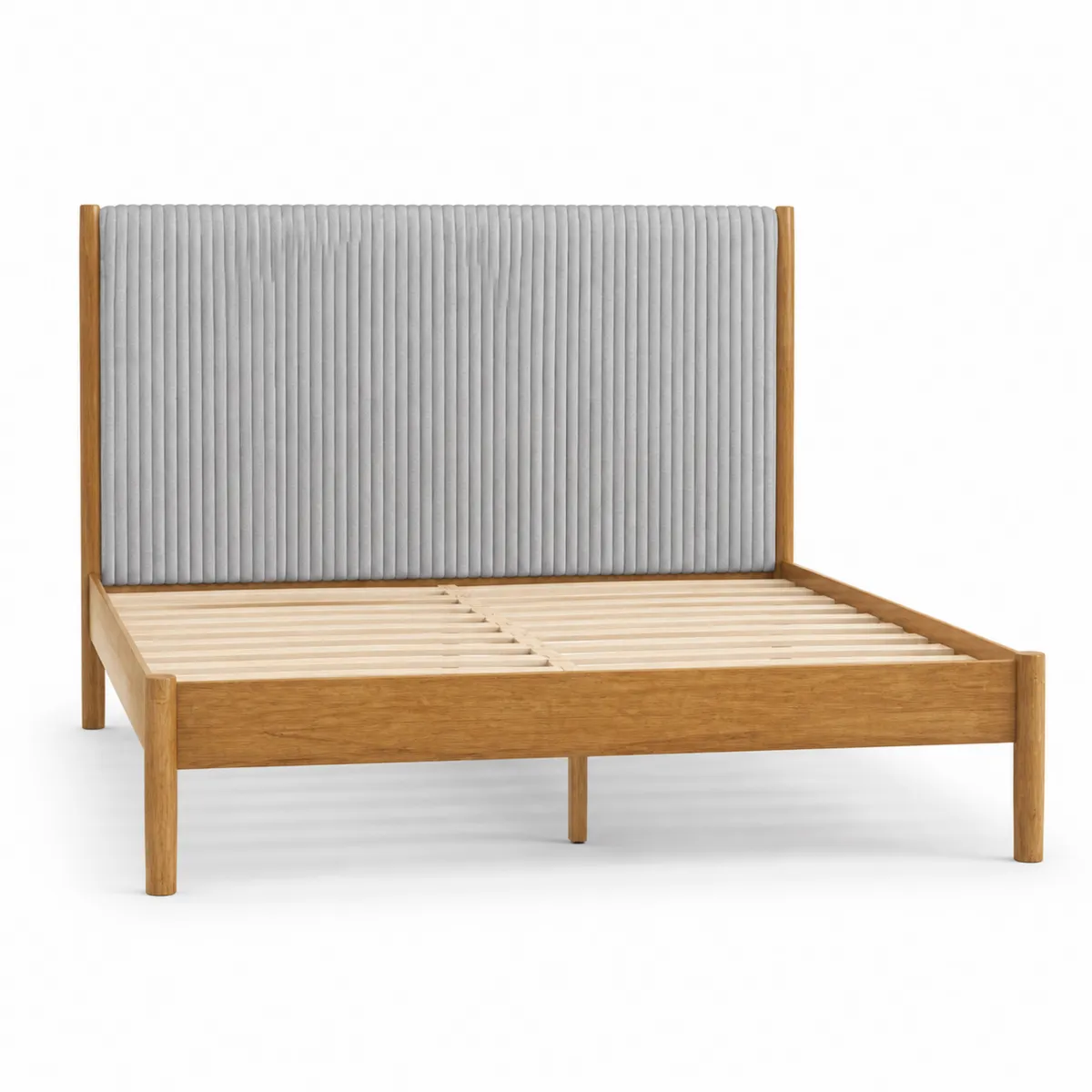 Letto in Legno di Rovere con Testiera in Tessuto Grigio