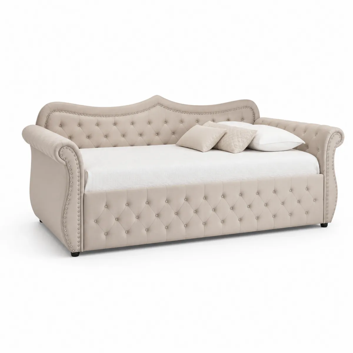 Divano Letto in Ecopelle Beige con Cuscini