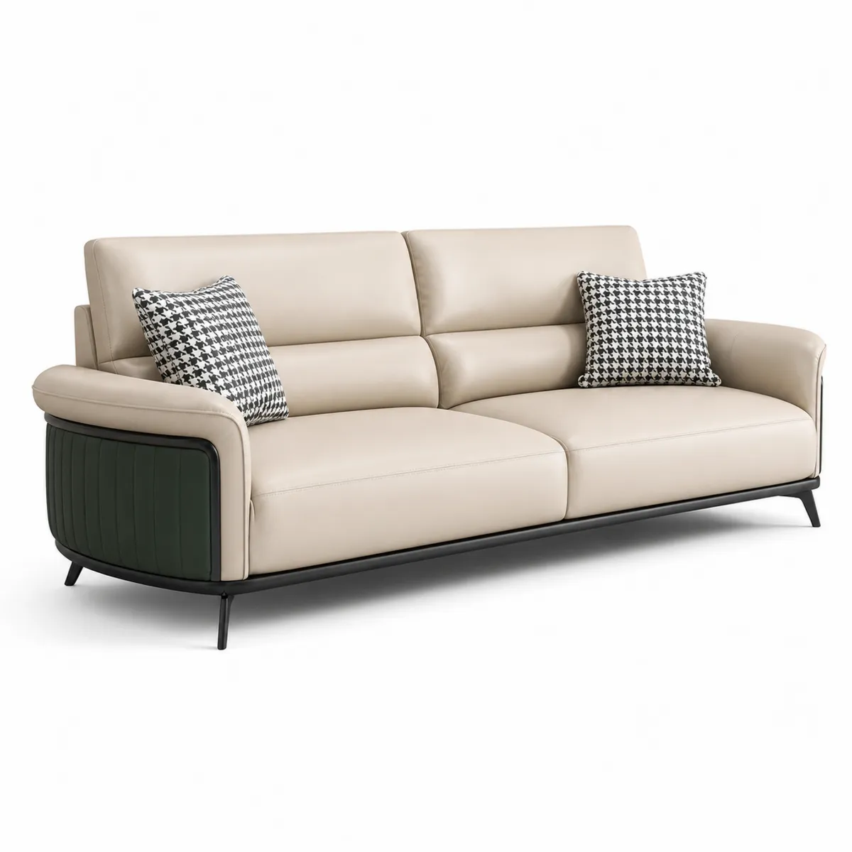 Divano in Pelle Beige con Struttura in Metallo, 3 Posti