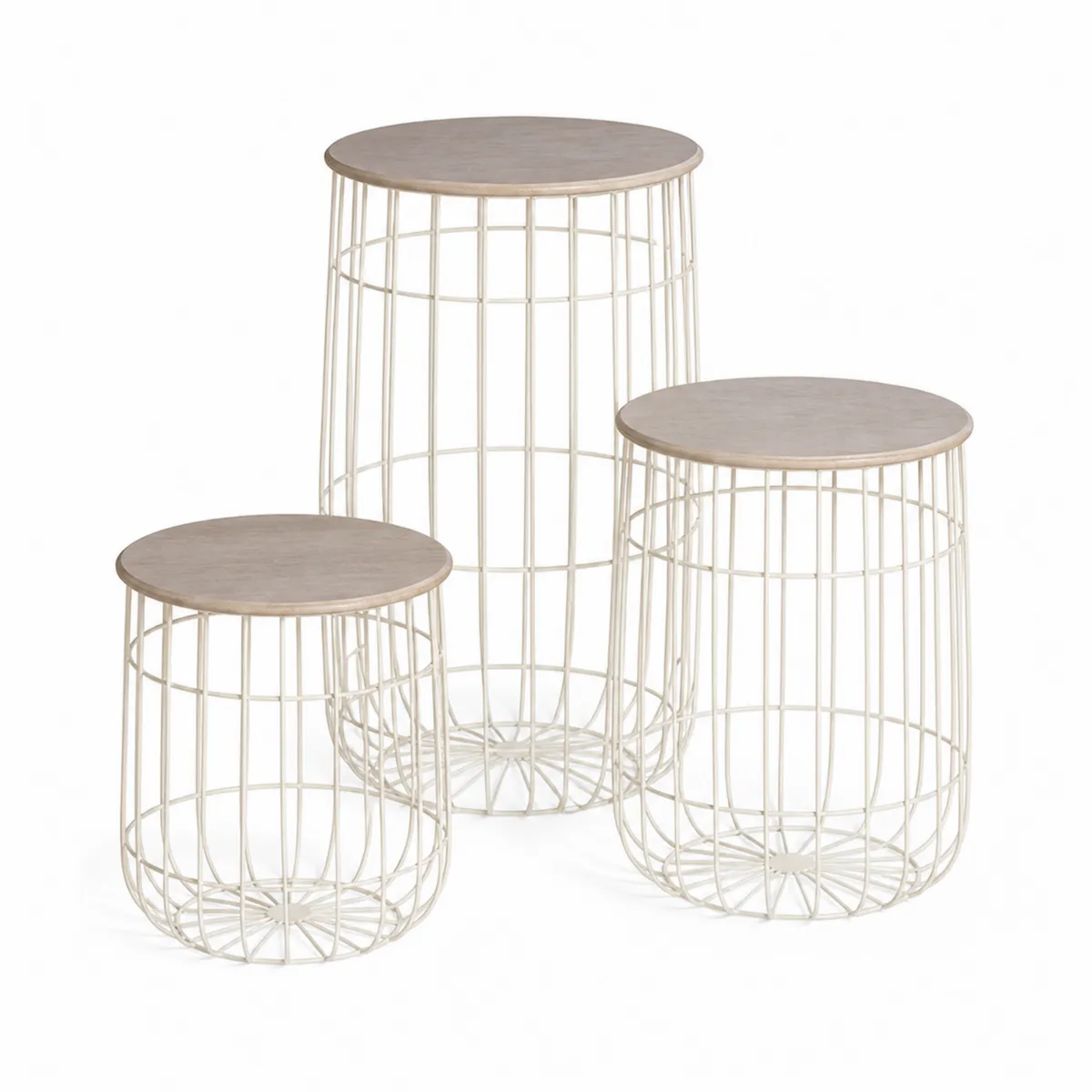 Set di tavolini rotondi in metallo e legno MDF Crema