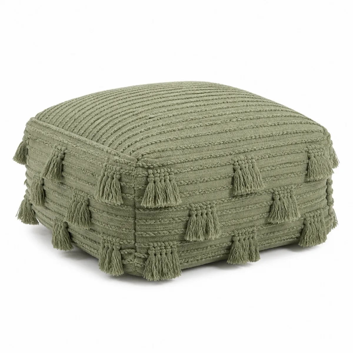 Pouf quadrato in cotone verde con nappe