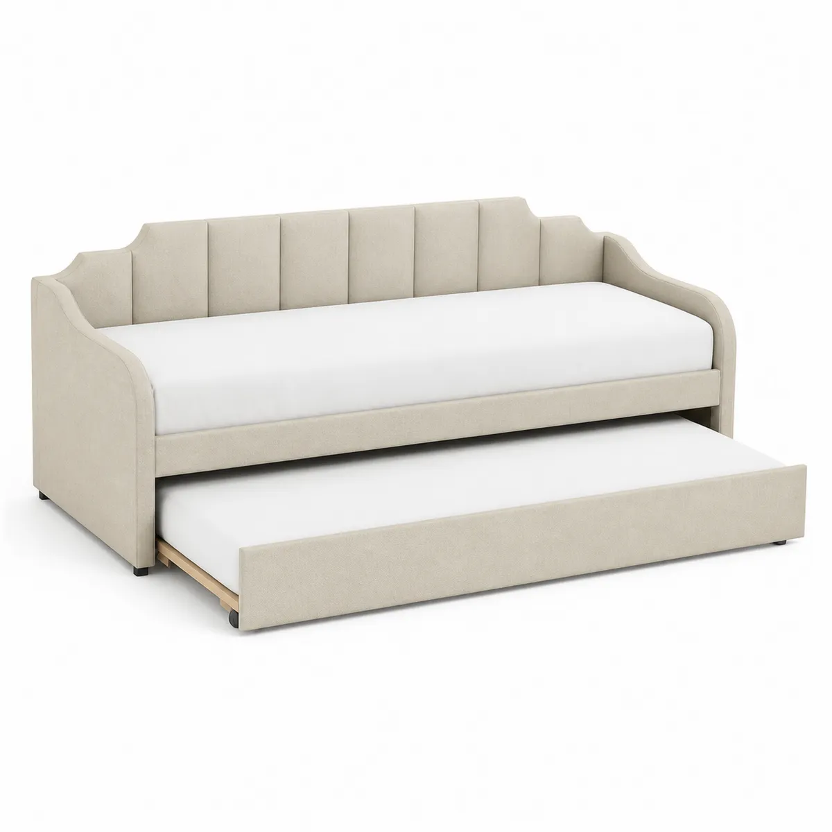 Divano Letto Estraibile in Tessuto e Legno Beige