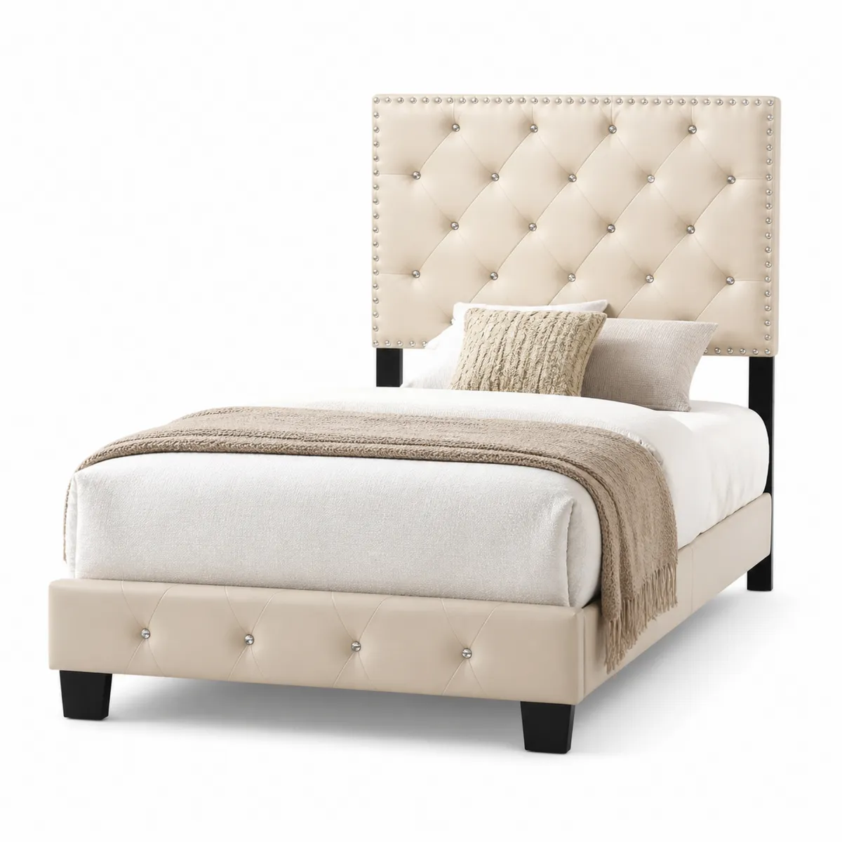 Letto Singolo Imbottito in Similpelle con Cuscini Decorativi Beige/Nero