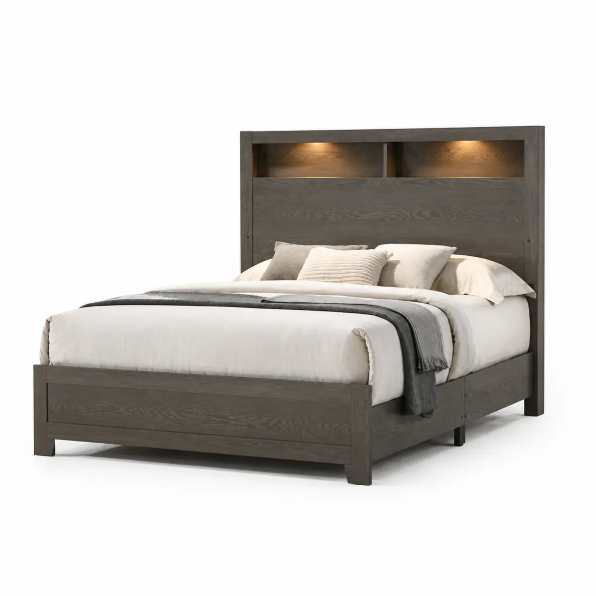 Letto matrimoniale in legno di rovere con testiera illuminata, 200x160 cm, Grigio
