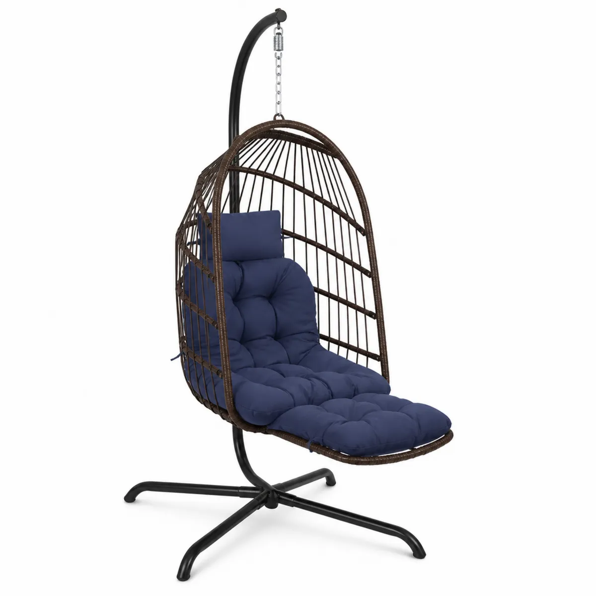 Sedia sospesa in rattan e acciaio con cuscino in tessuto poliestere Blu
