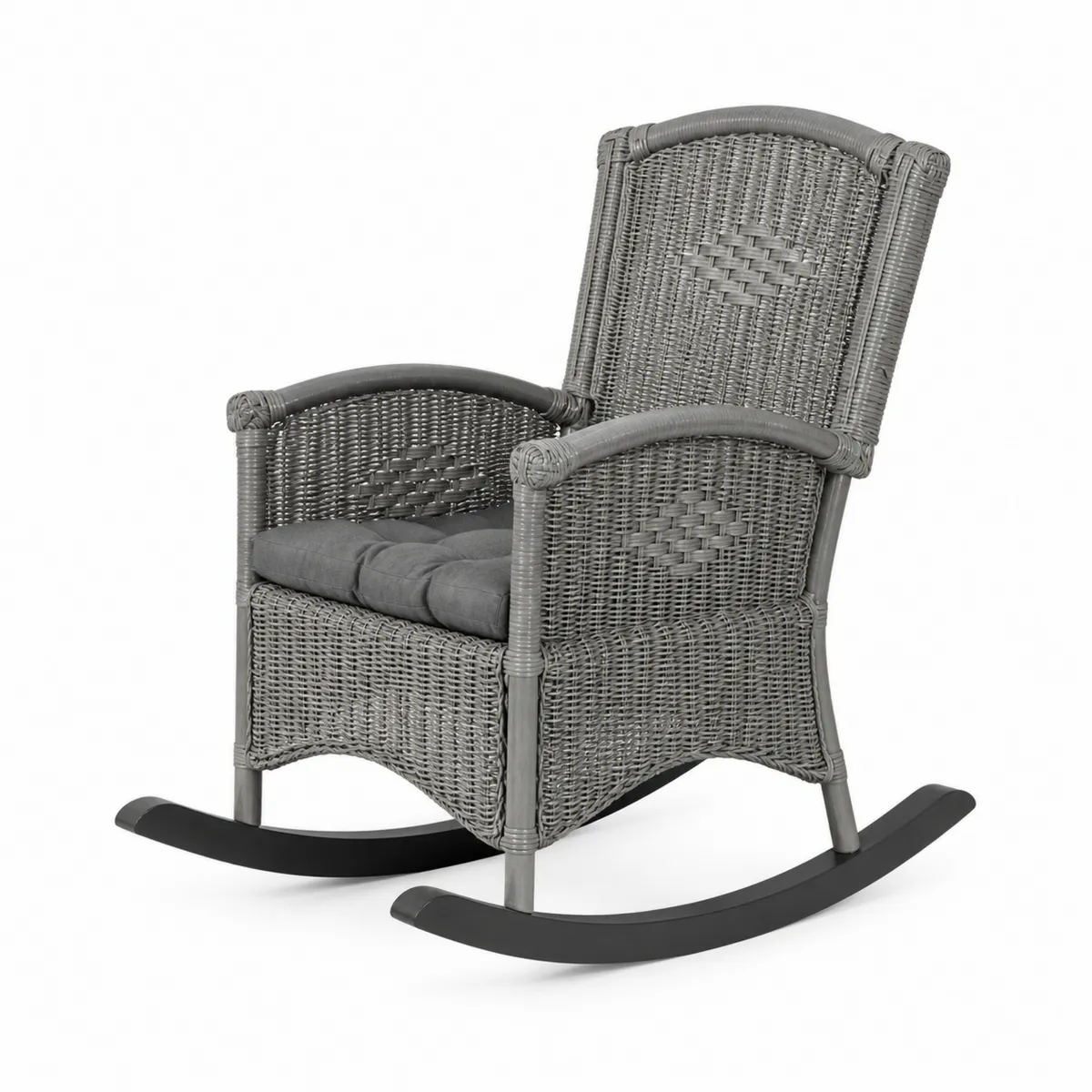 Sedia a dondolo in rattan sintetico e metallo grigio con cuscino