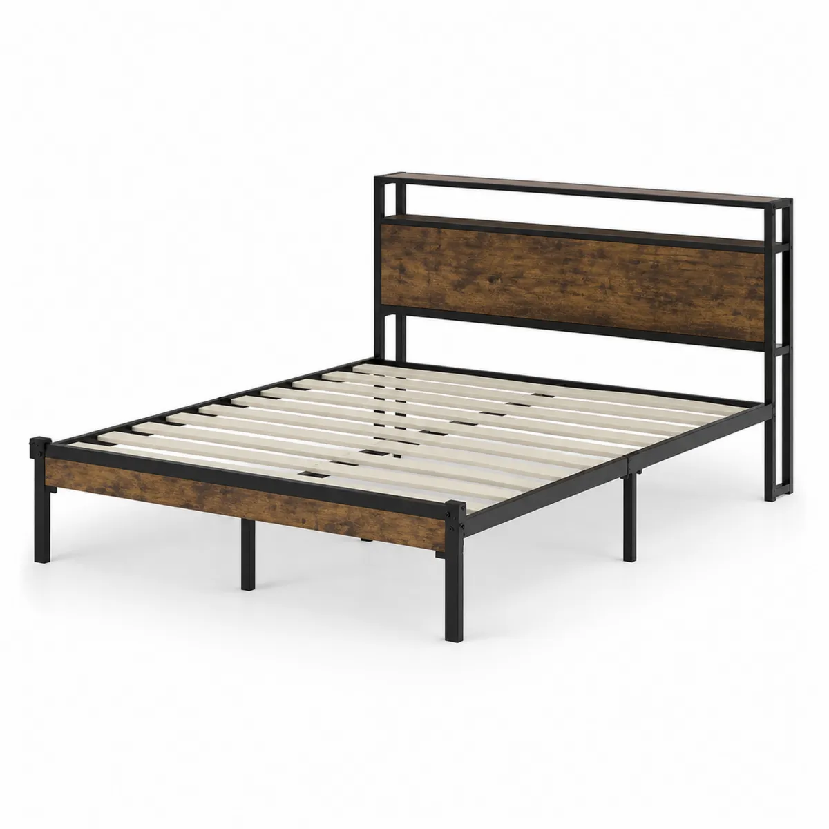 Letto matrimoniale metallo e legno MDF 200x150 cm Nero/Marrone