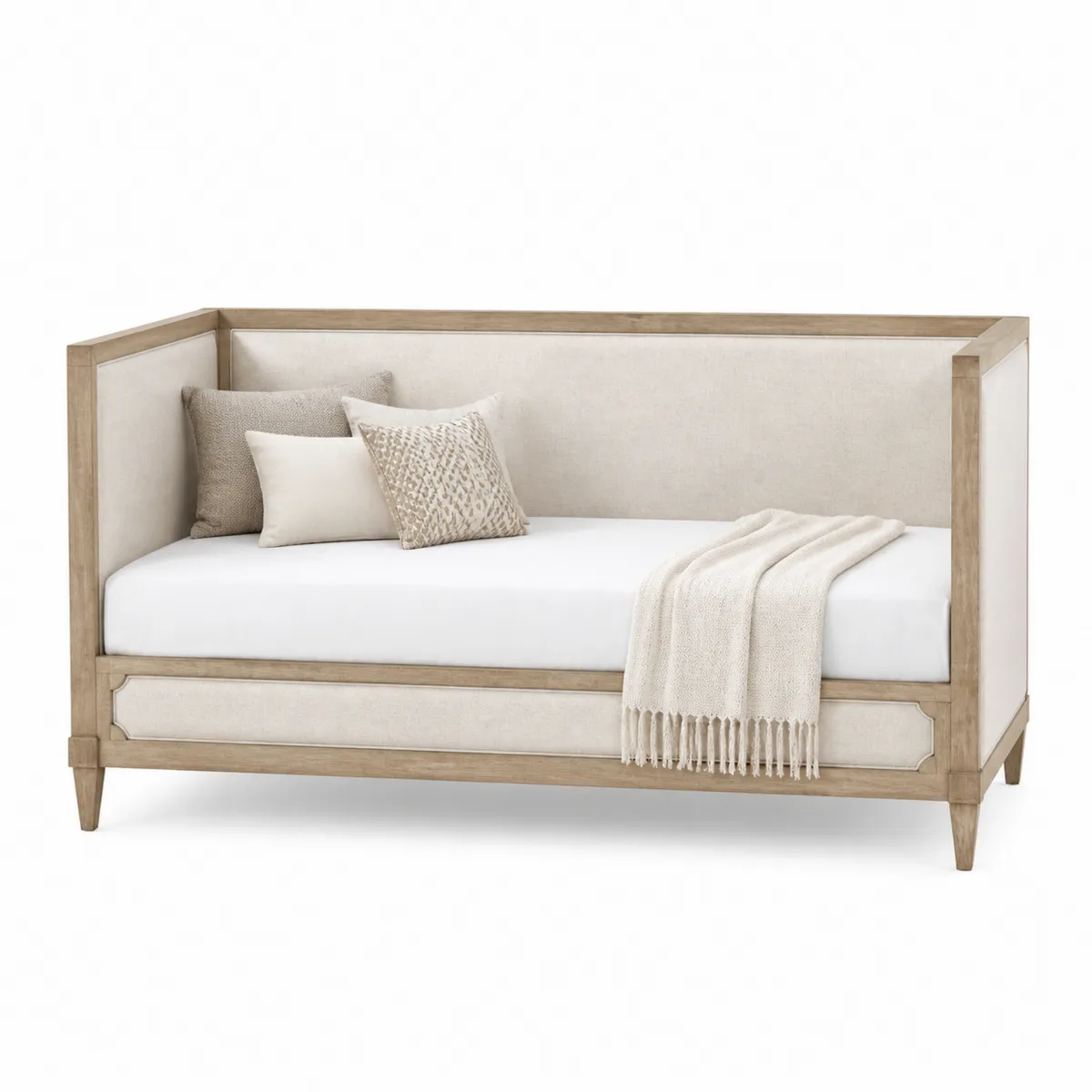 Divano Letto in Legno e Tessuto Poliestere Beige con Cuscini