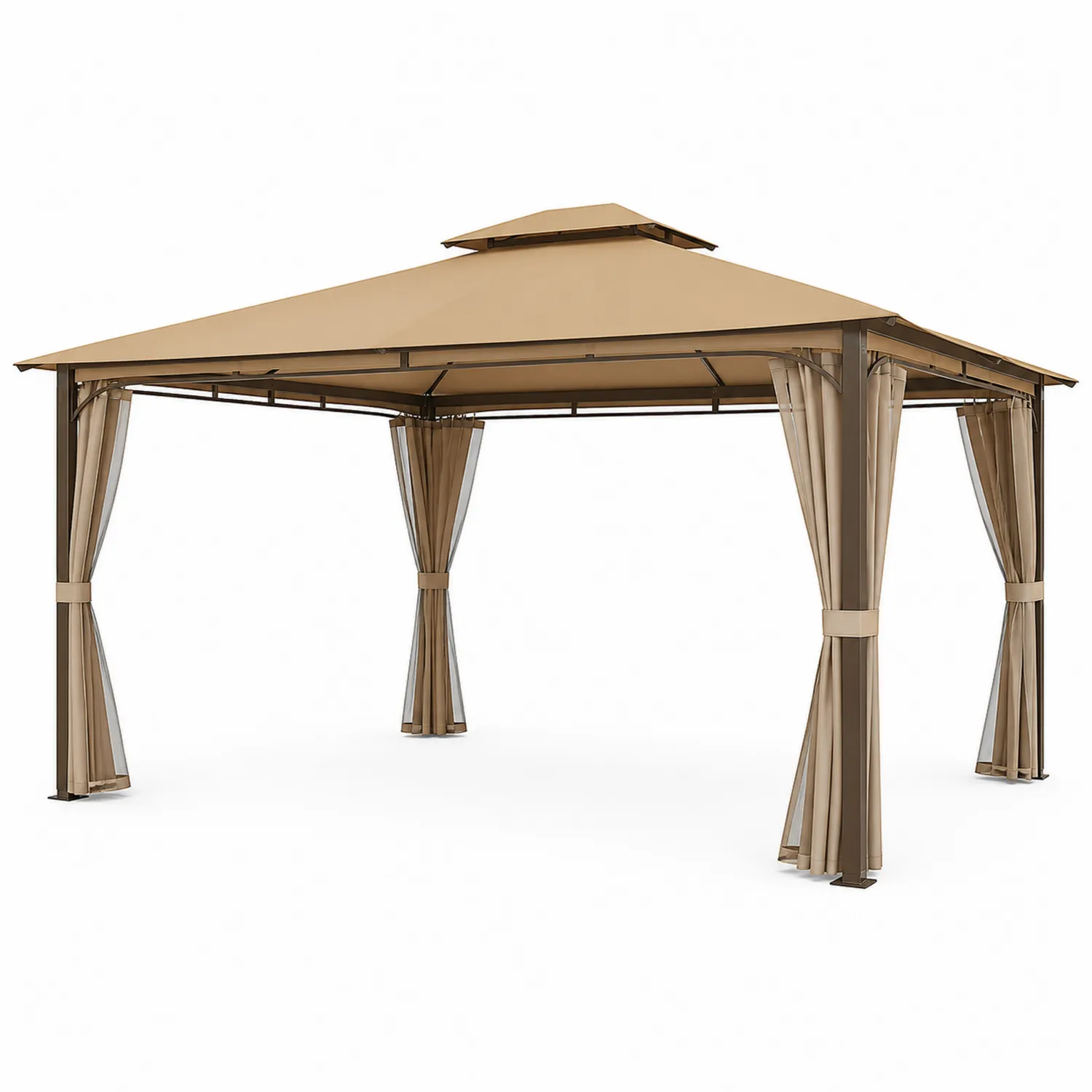 Gazebo in Metallo con Tetto in Poliestere Beige e Zanzariere