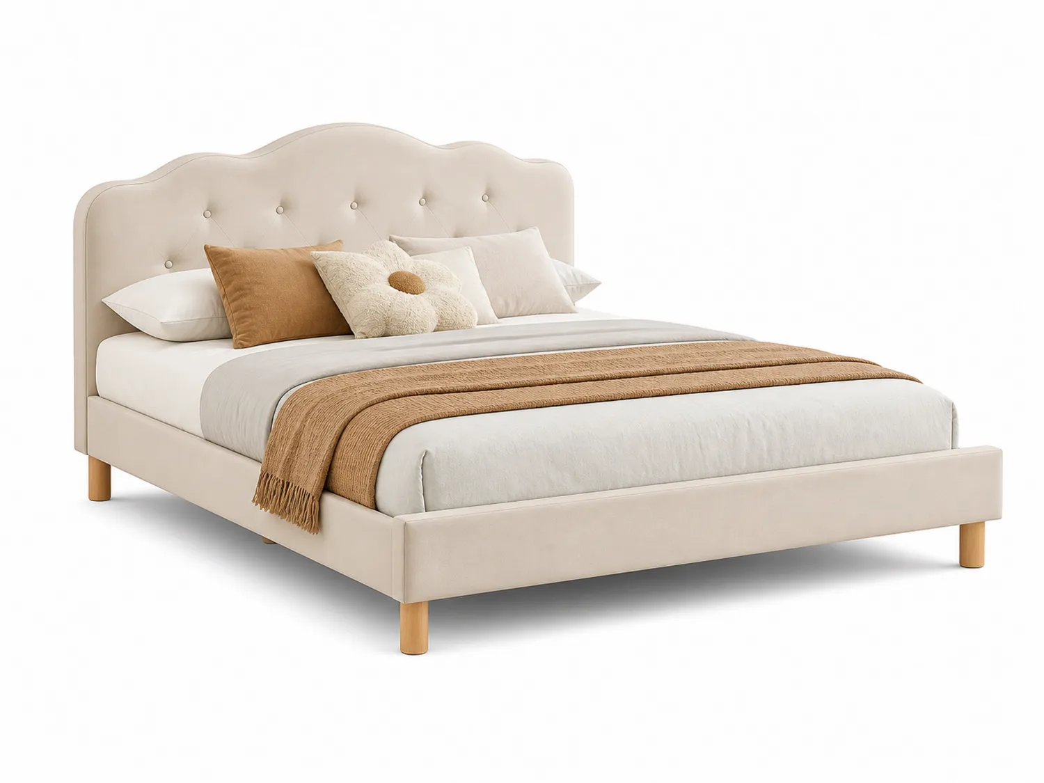 Letto matrimoniale in tessuto beige con cuscini decorativi