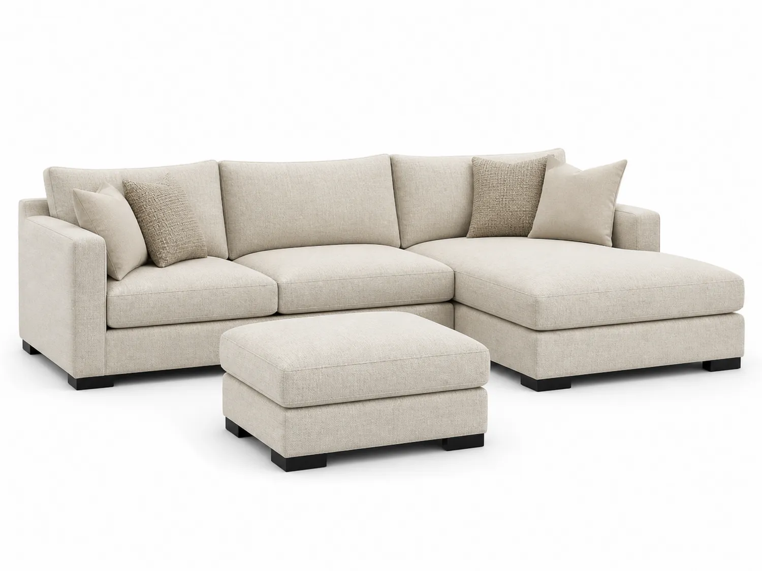 Divano angolare in tessuto poliestere beige con chaise longue e pouf