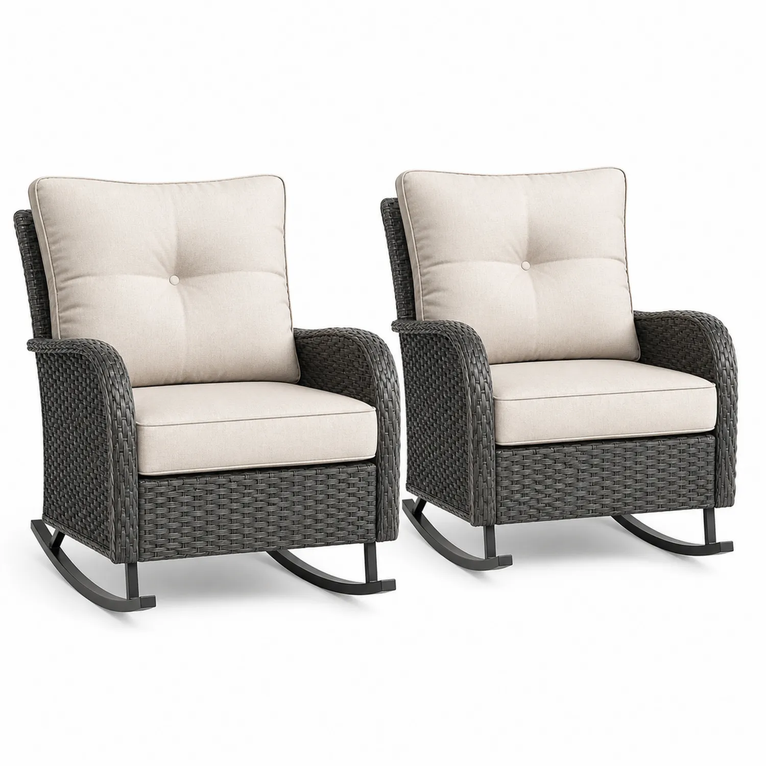 Set di 2 sedie a dondolo in rattan con cuscini crema
