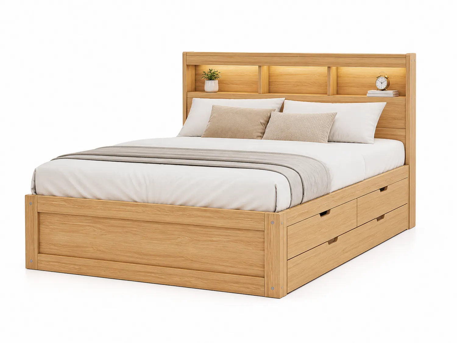 Letto in Legno Massiccio con Testiera e Cassetti 200x160 cm Naturale