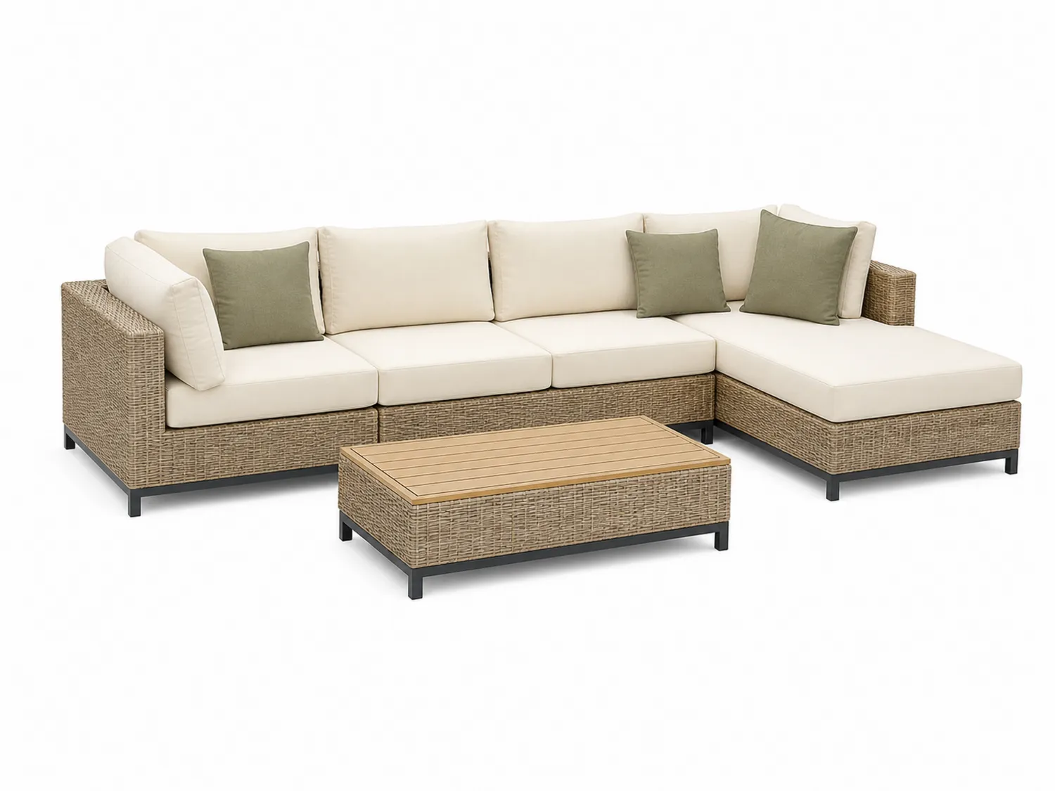Divano da Giardino in Rattan con Cuscini e Tavolino in Legno