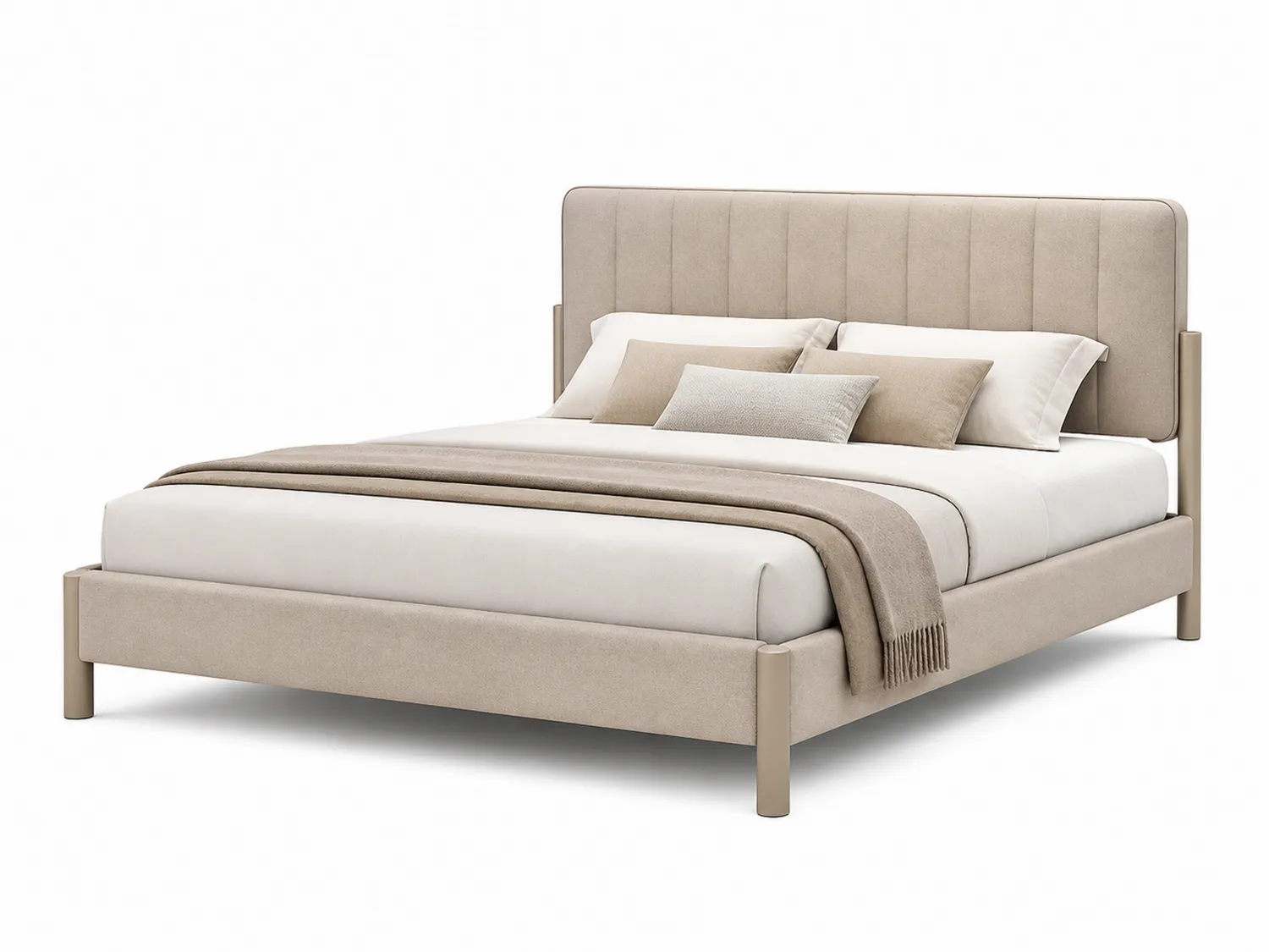 Letto matrimoniale in tessuto beige con cuscini