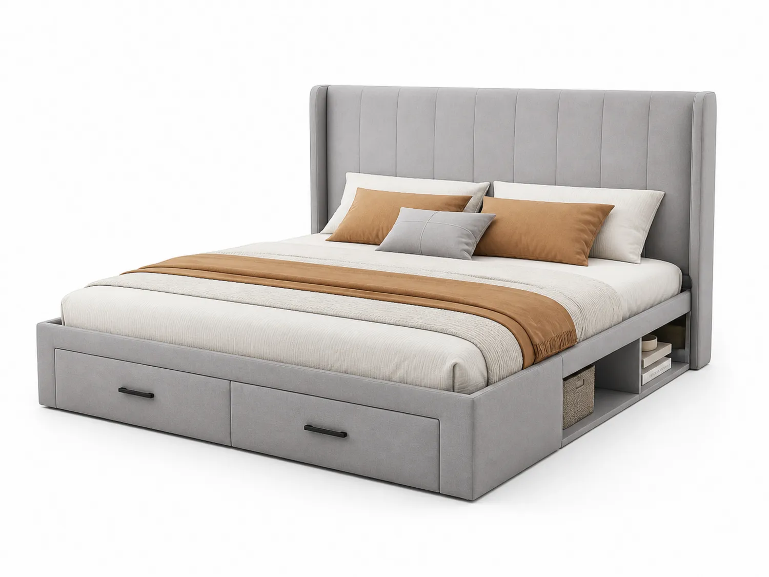 Letto Matrimoniale con Contenitore e Cassetti in Tessuto Grigio Chiaro
