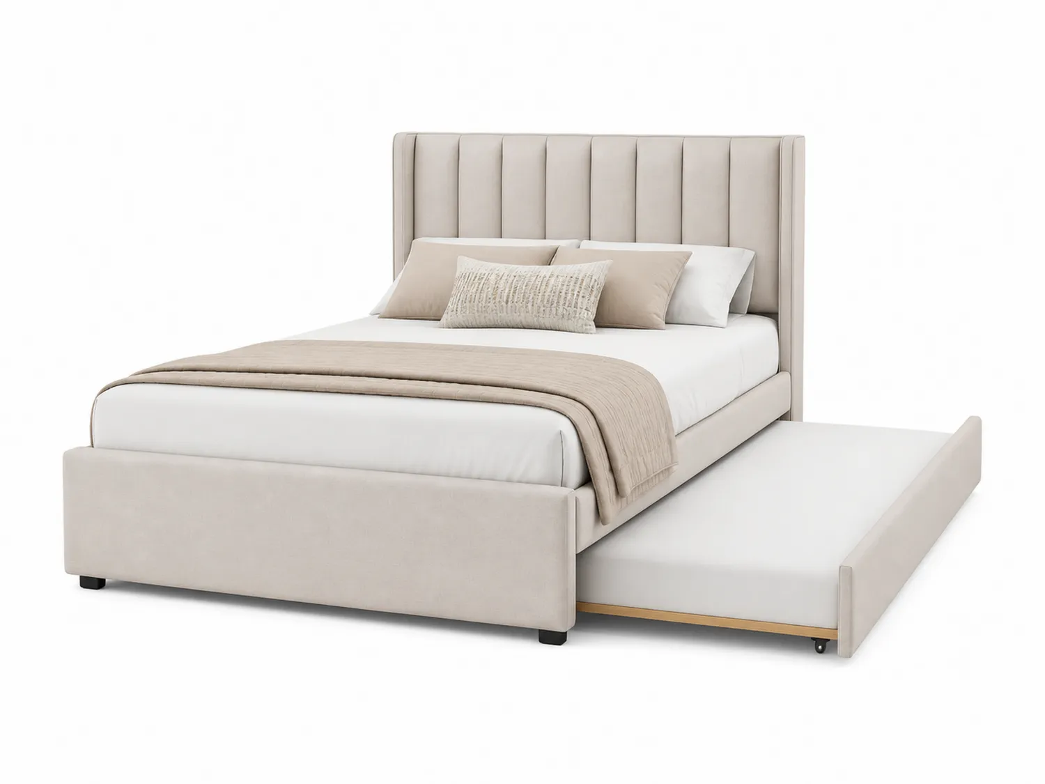 Letto Matrimoniale in Velluto Beige con Base Estraibile