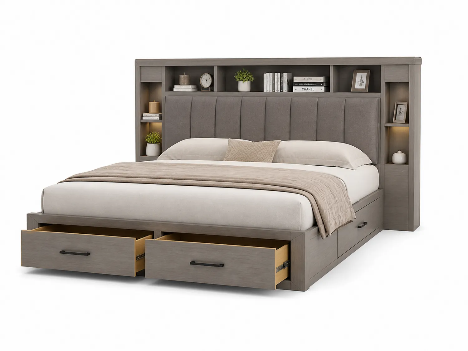 Letto matrimoniale con contenitore e testiera imbottita in legno e tessuto grigio