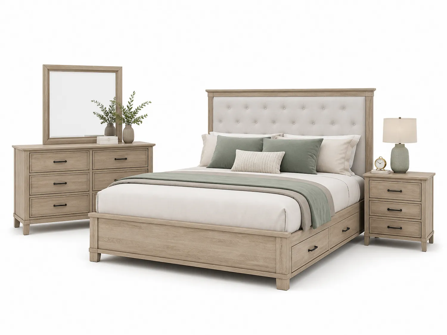 Set da camera da letto in legno chiaro con letto contenitore e testiera imbottita