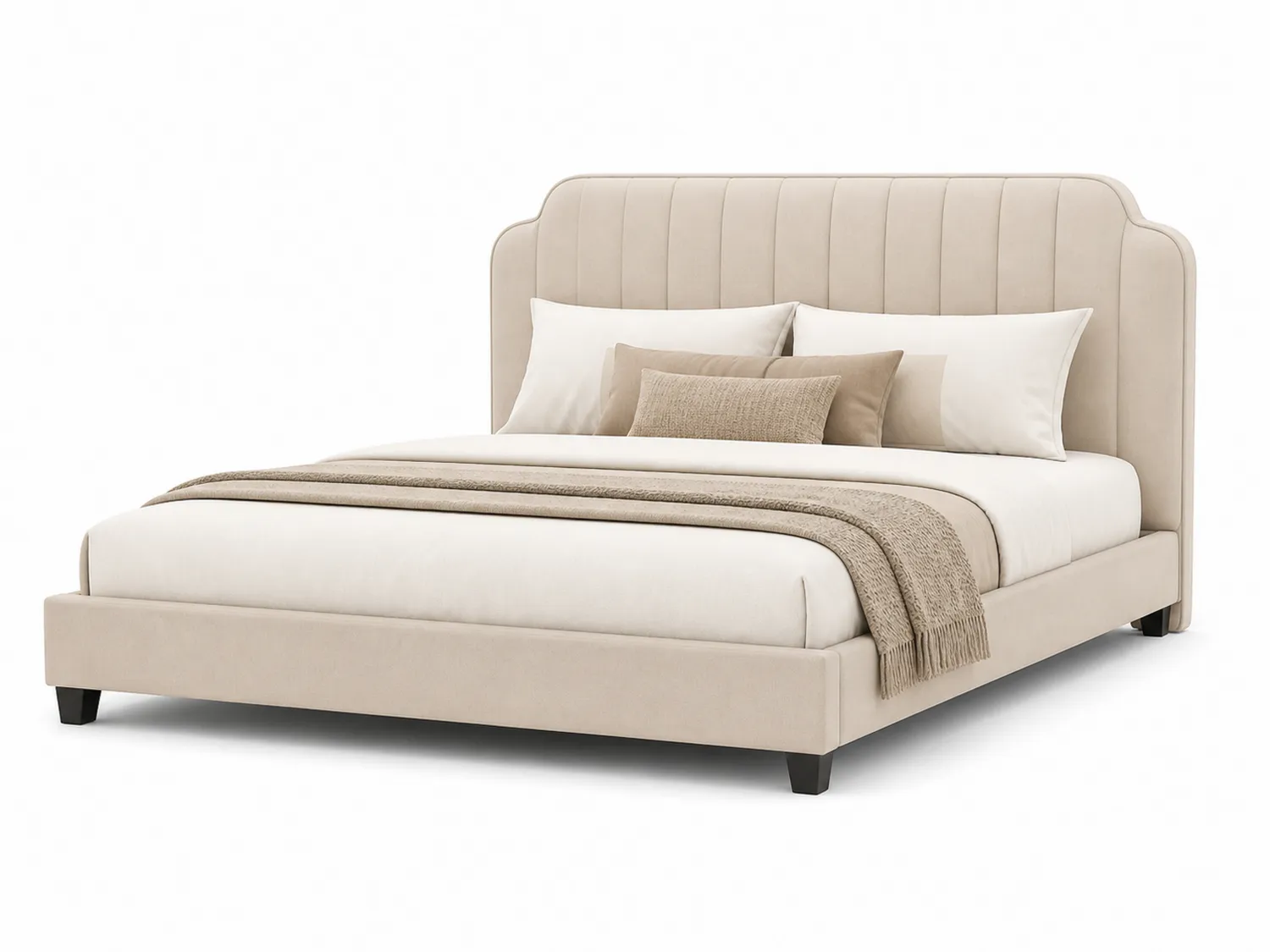 Letto matrimoniale imbottito in tessuto beige con cuscini decorativi