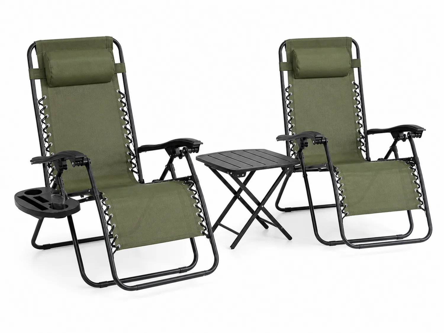 Set di Sedie Sdraio Pieghevoli con Tavolino Verde e Nero in Acciaio e Tessuto