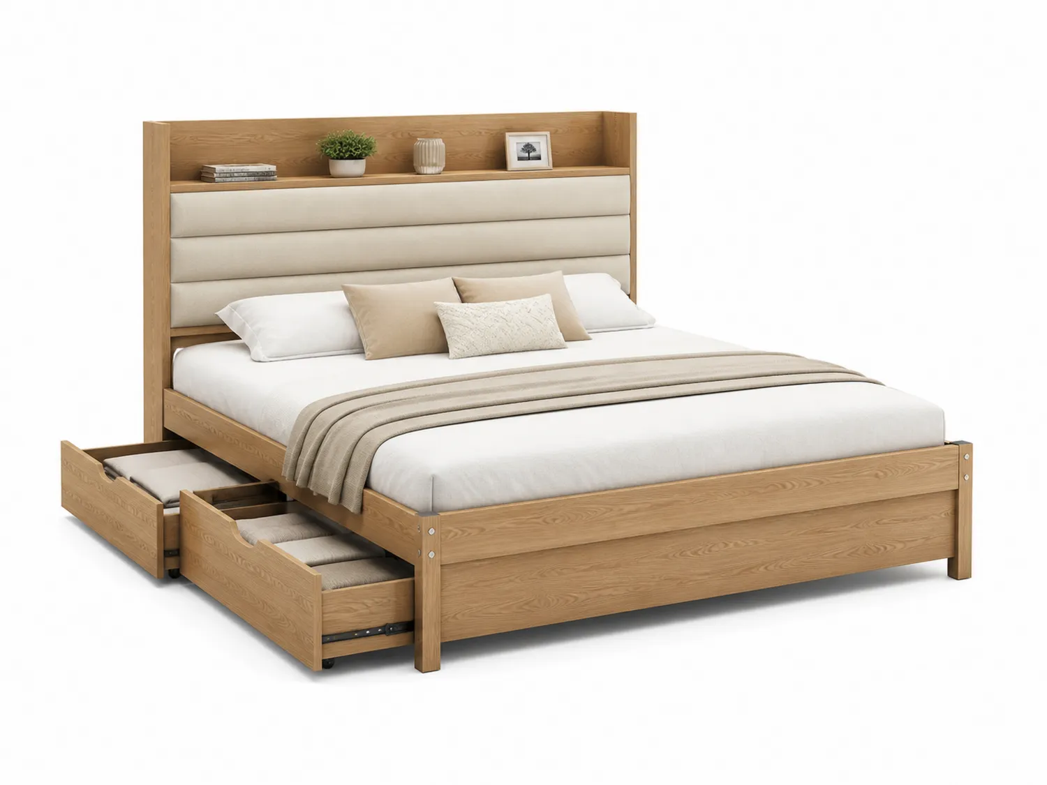 Letto matrimoniale in legno con testiera imbottita e cassetti