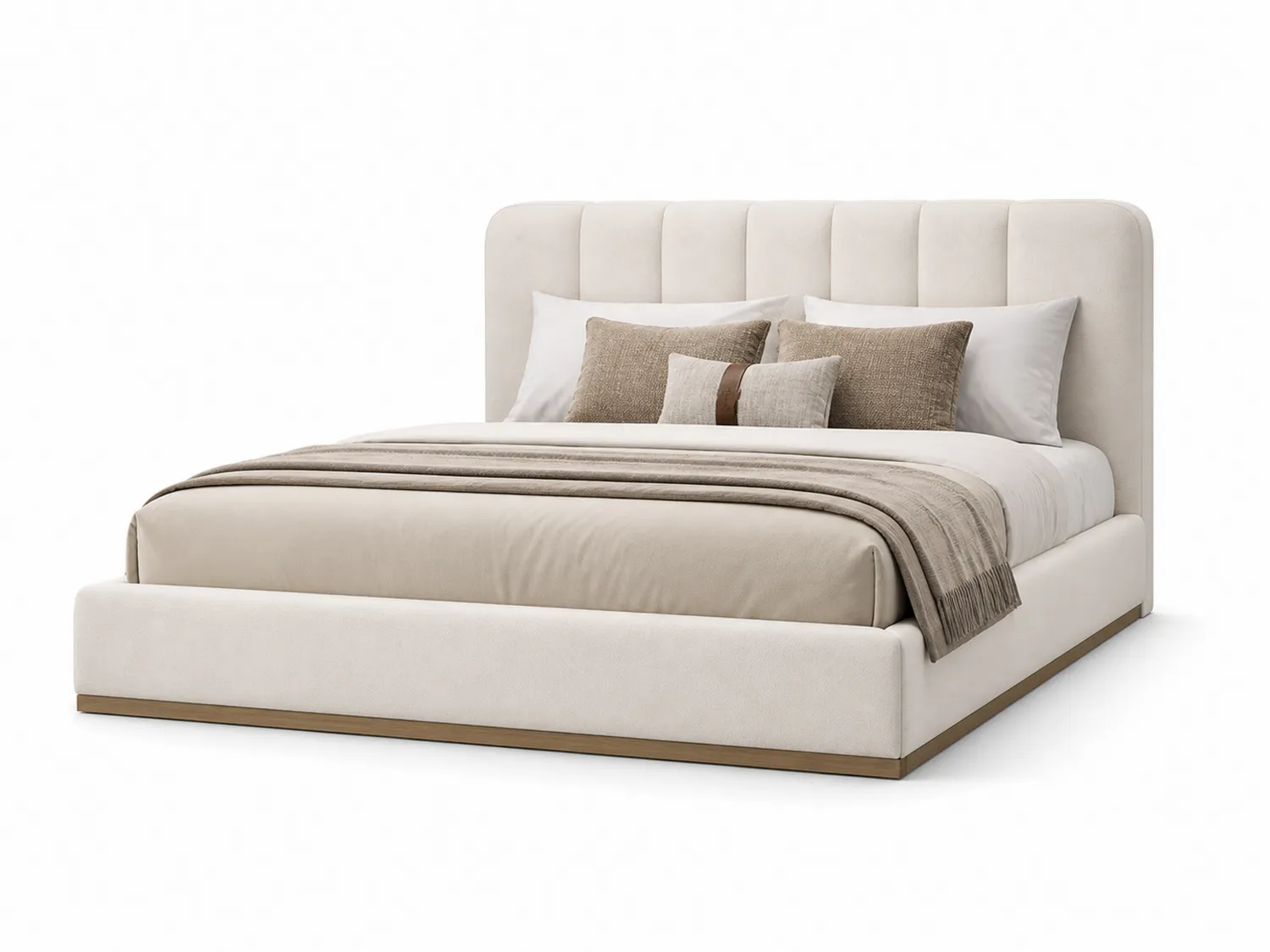 Letto matrimoniale in tessuto beige chiaro con cuscini