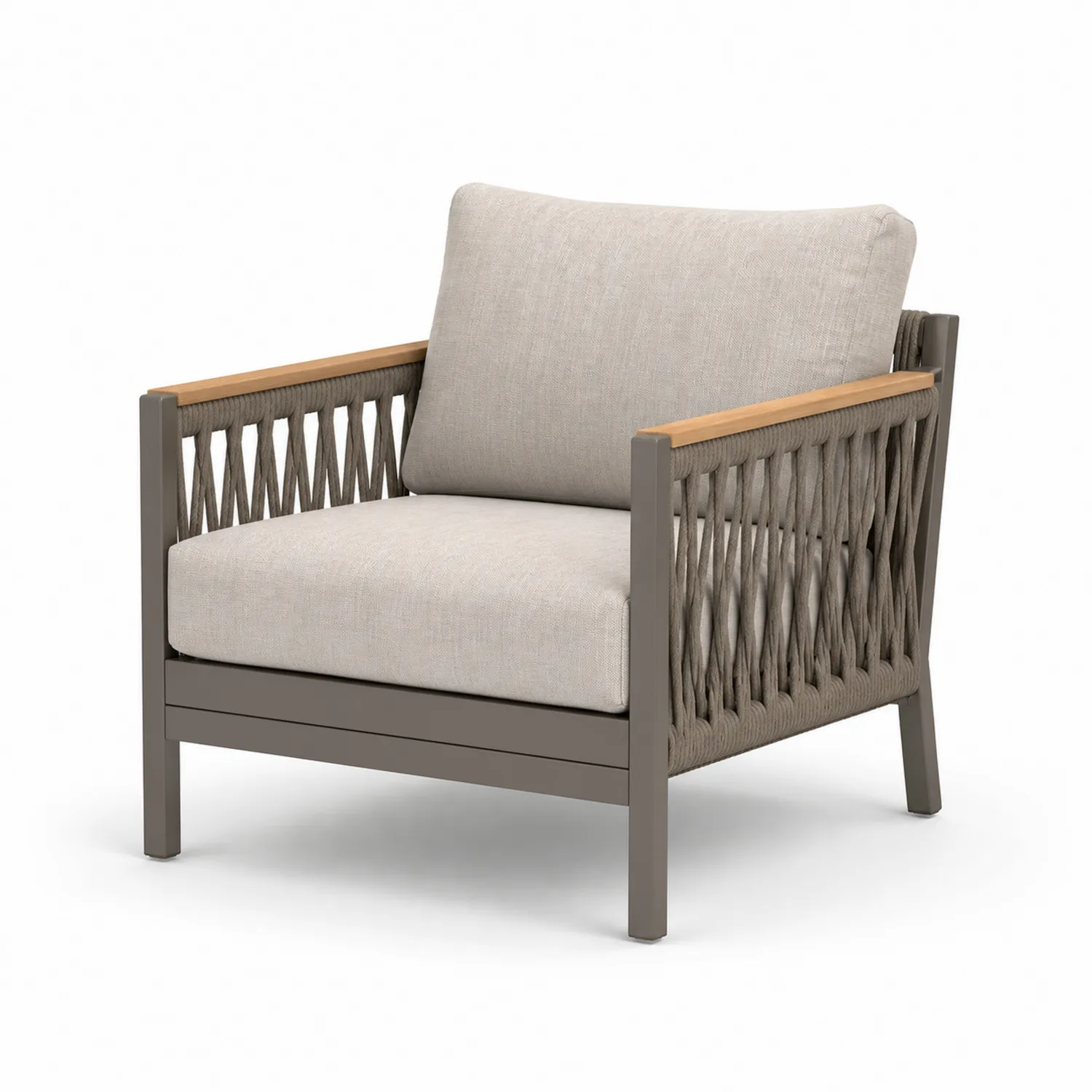 Poltrona da Esterno in Alluminio e Corda con Cuscino in Poliestere Beige