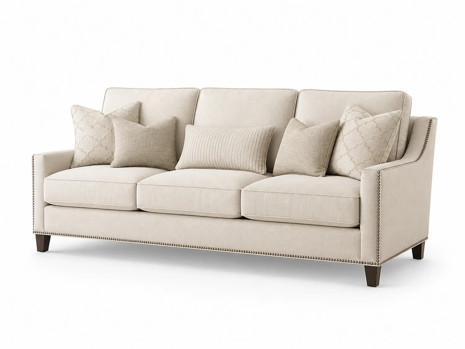 Divano a tre posti in tessuto beige con cuscini