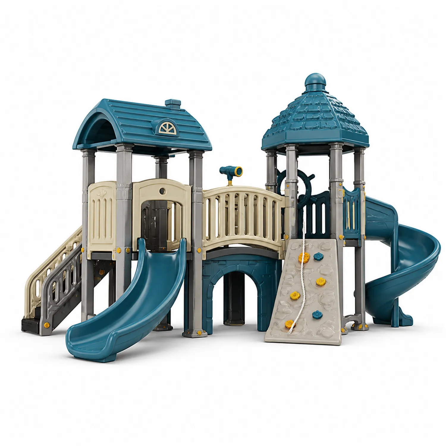 Parco Giochi per Bambini in Plastica Blu e Beige con Arrampicata e Scivoli