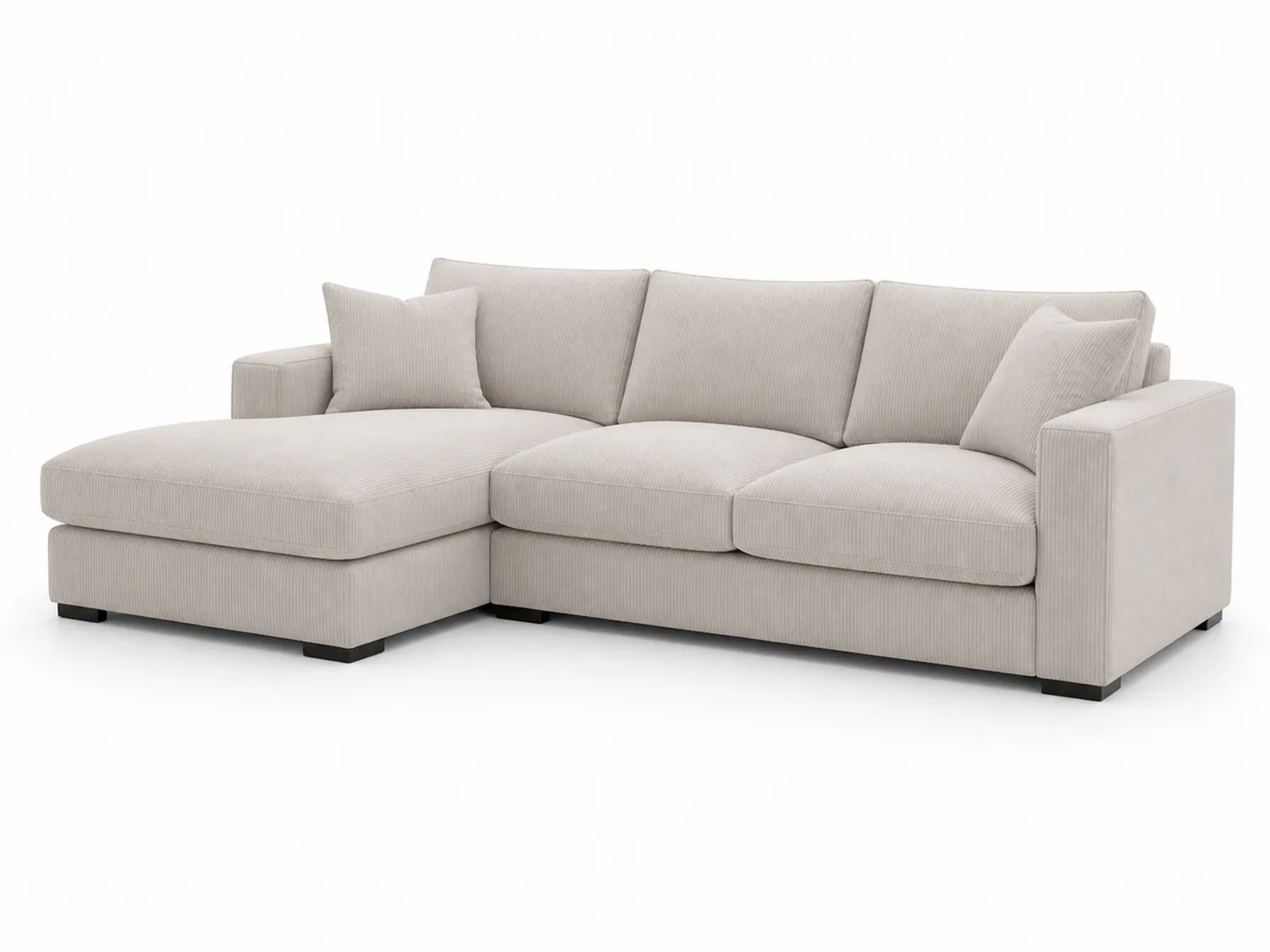 Divano angolare in velluto a coste beige con chaise longue e cuscini
