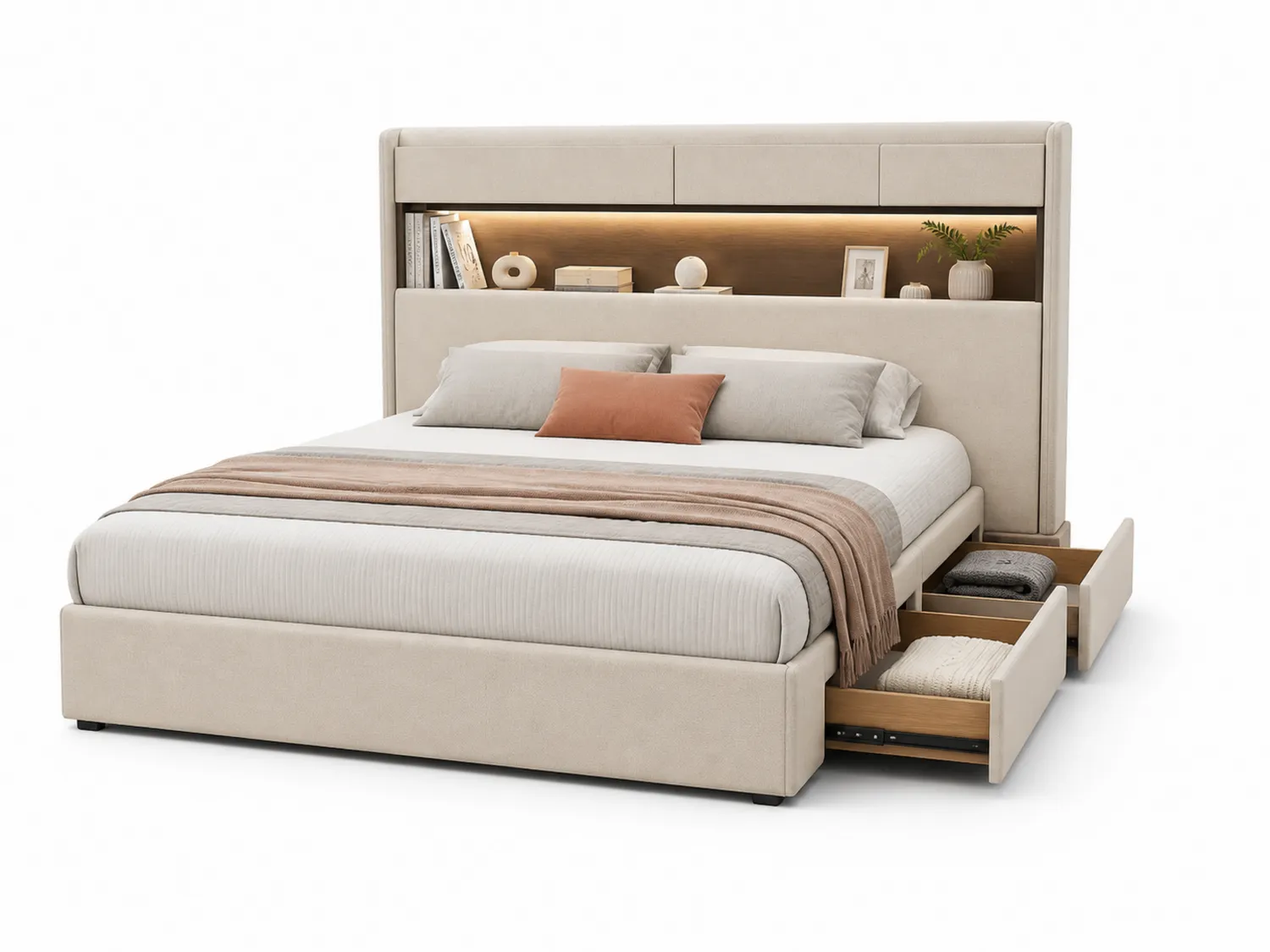 Letto in Tessuto Beige con Cassetti e Illuminazione 180x220 cm