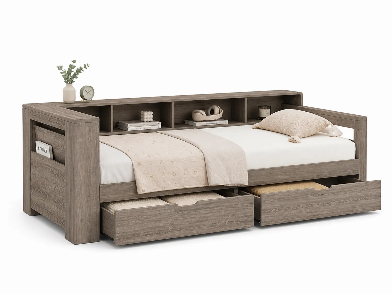 Letto in Legno con Libreria e Cassetti Grigio