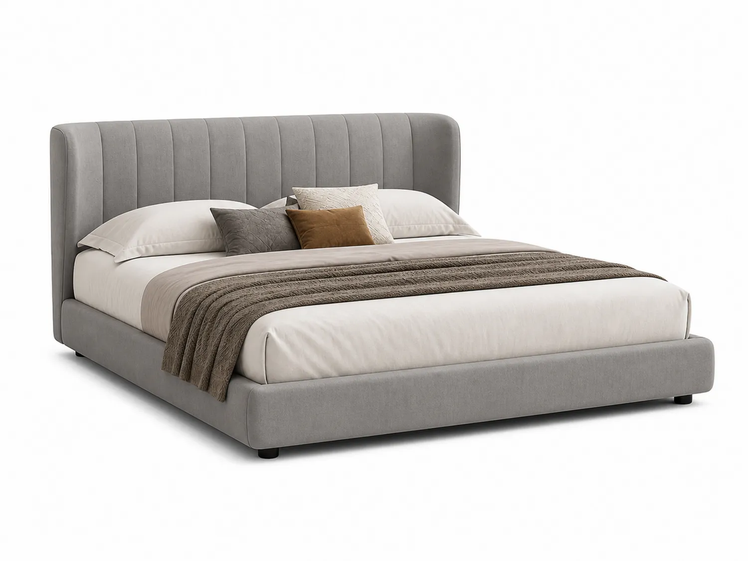 Letto matrimoniale in tessuto grigio con testiera imbottita