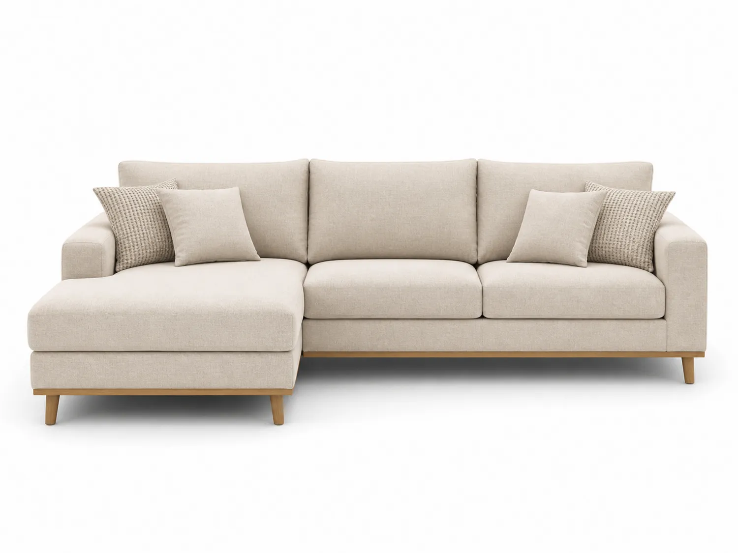 Divano ad angolo sinistro in tessuto con cuscini beige
