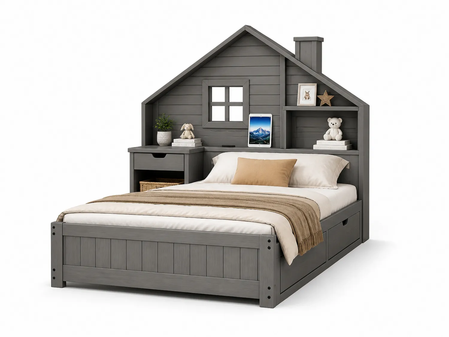 Letto a Casetta in Legno Grigio con Libreria e Cassetti