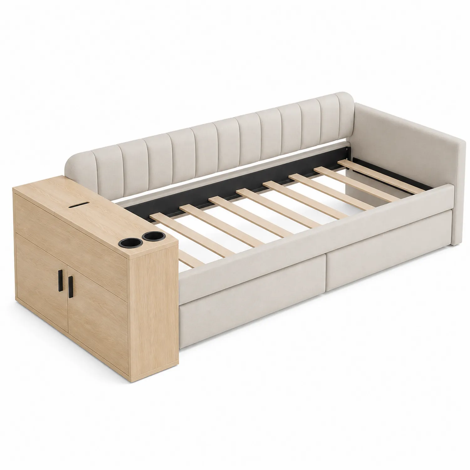 Divano Letto con Comodino in Legno e Tessuto Beige
