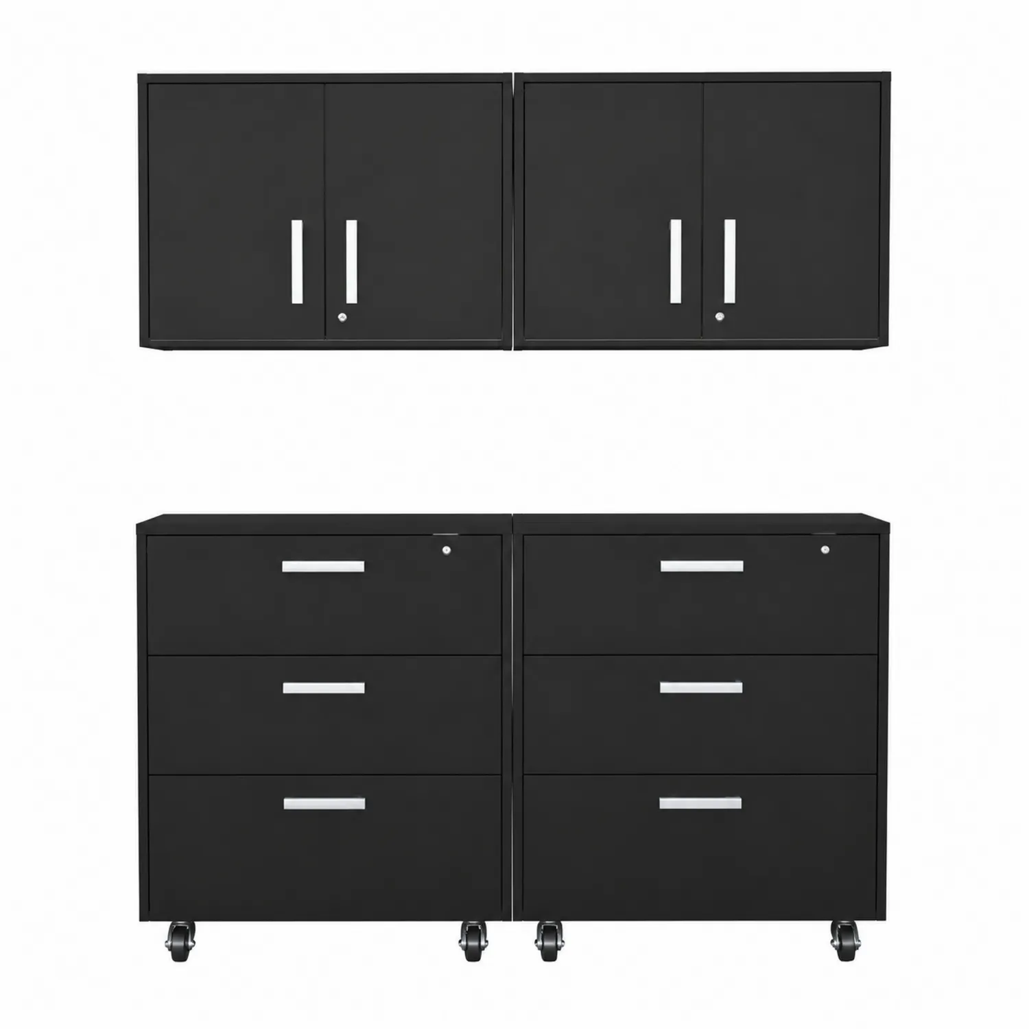 Set di Armadi e Cassettiere in Metallo Nero con Ruote