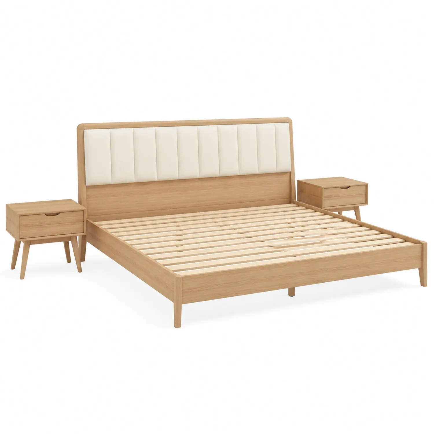 Letto Matrimoniale in Legno di Rovere con Comodini e Rivestimento in Ecopelle