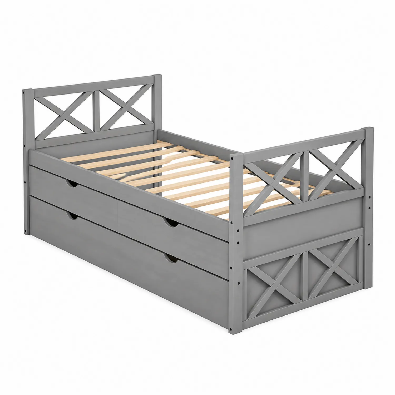 Letto Daybed Singolo con Cassetti in Legno di Pino Grigio 200x90 cm