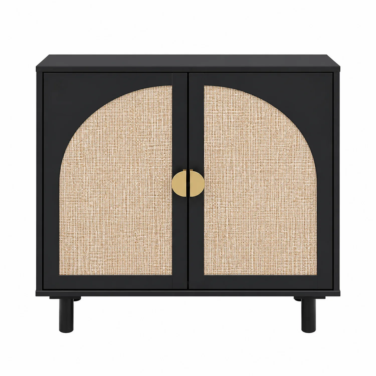 Credenza in MDF con Ante in Paglia e Dettagli in Metallo 80x40x80 cm Nero/Naturale