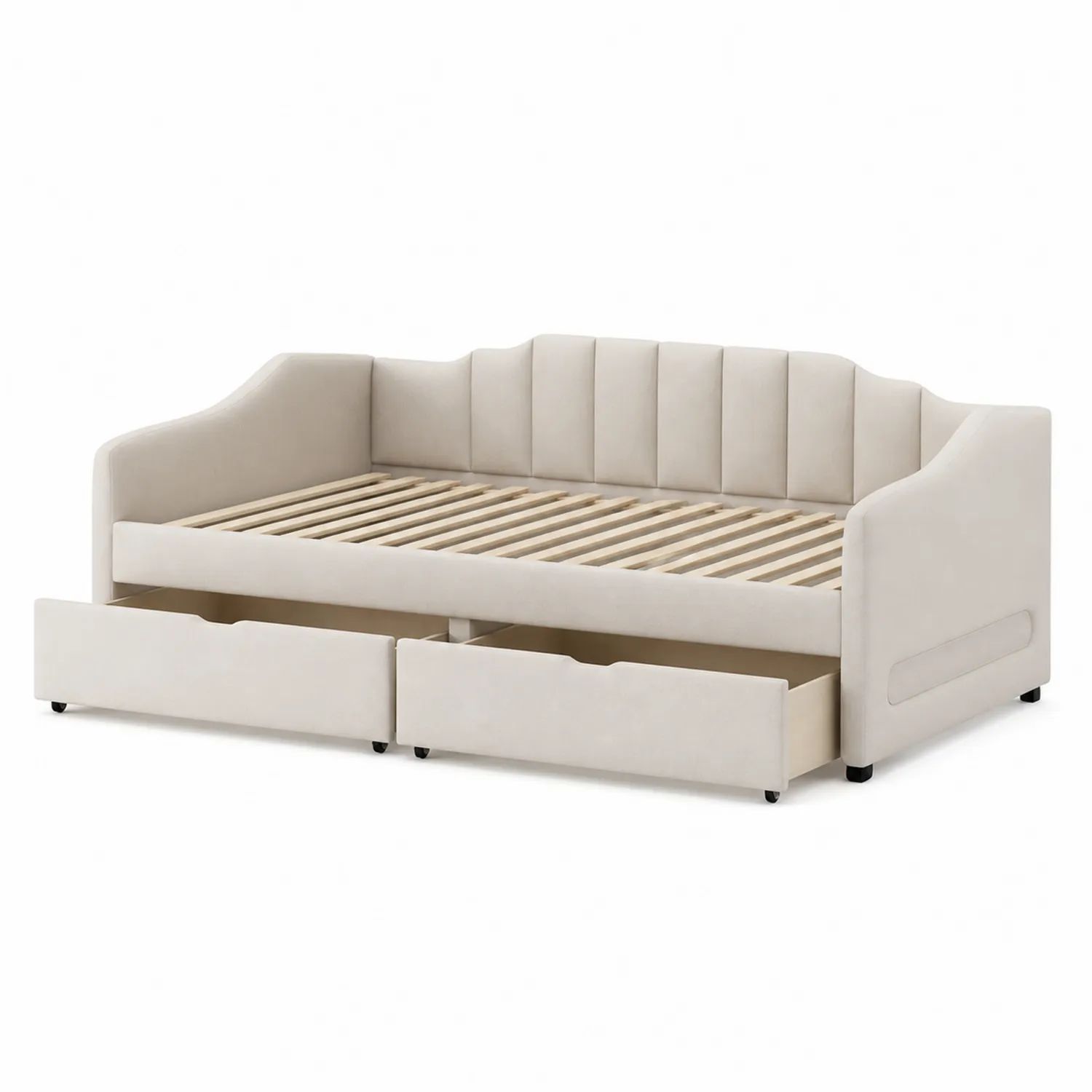 Divano Letto in Velluto Sintetico Beige con Cassetti