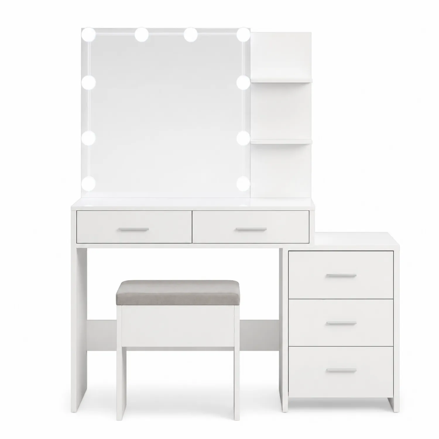 Tavolo da Toeletta con Specchio LED e Sgabello in Legno Bianco